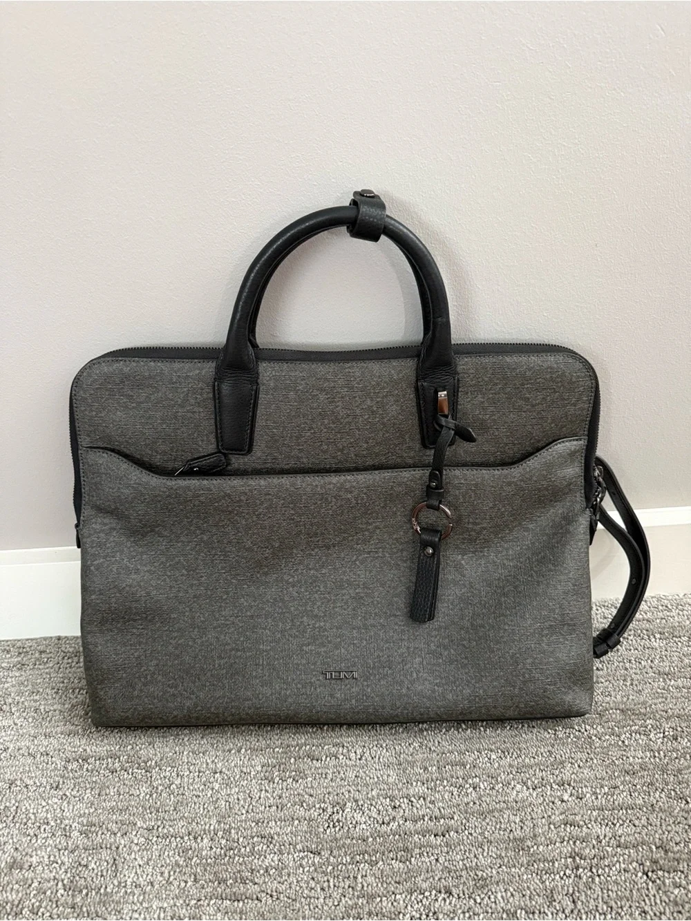 TUMI Stanton Anita Portfolio Slim Laptop Briefcase- Earl Gray & Black Leather